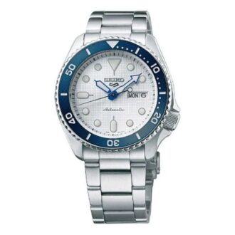 Edizione limitata per il 140° anniversario Orologio meccanico Seiko 5 Sports Quadrante bianco Cinturino in acciaio blu