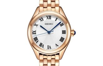 Orologio al quarzo alla moda con quadrante blu e bianco, cinturino in oro rosa, impermeabile fino a 5 ATM