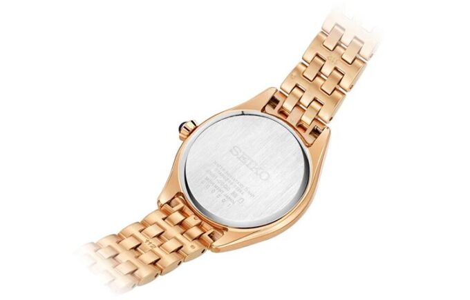 Orologio al quarzo alla moda con quadrante blu e bianco, cinturino in oro rosa, impermeabile fino a 5 ATM