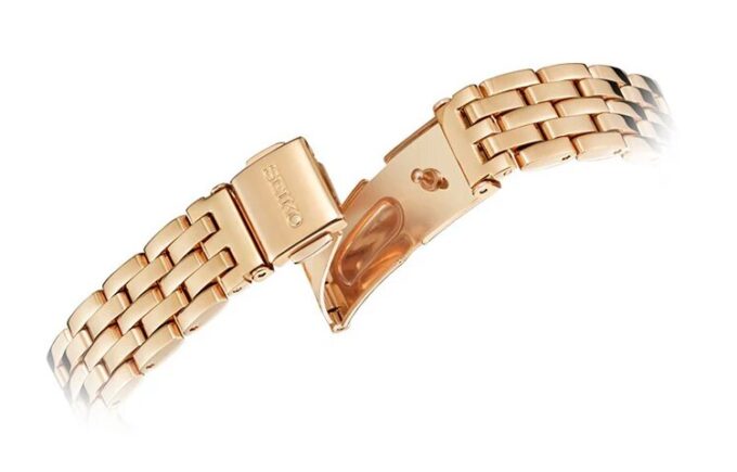 Orologio al quarzo alla moda con quadrante blu e bianco, cinturino in oro rosa, impermeabile fino a 5 ATM