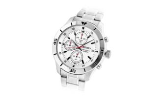 Orologio al quarzo in acciaio con cinturino a strisce e quadrante bianco, stile business casual, impermeabile fino a 100 metri, Three Eyes