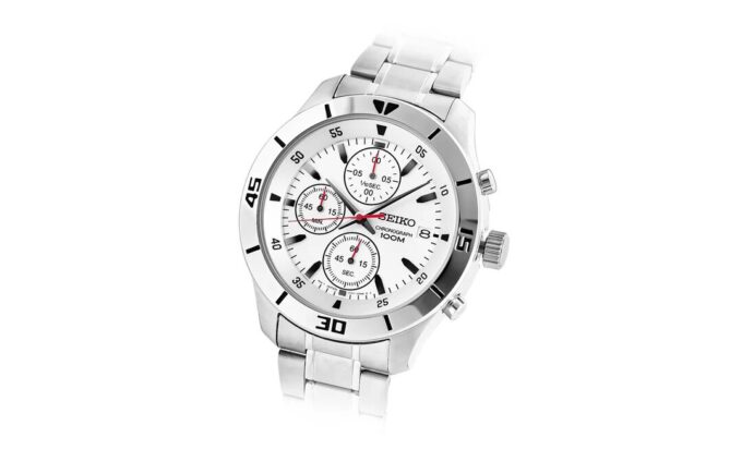 Orologio al quarzo in acciaio con cinturino a strisce e quadrante bianco, stile business casual, impermeabile fino a 100 metri, Three Eyes
