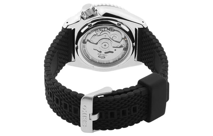 Orologio meccanico sportivo con cinturino in gomma nero della serie n. 5 SRPD73k2